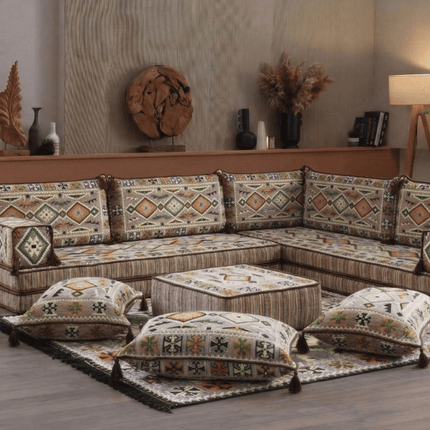 Arabic Floor Sofa Set – Light Brown L Shaped Majlis Sectional with 8 Inch Cushions