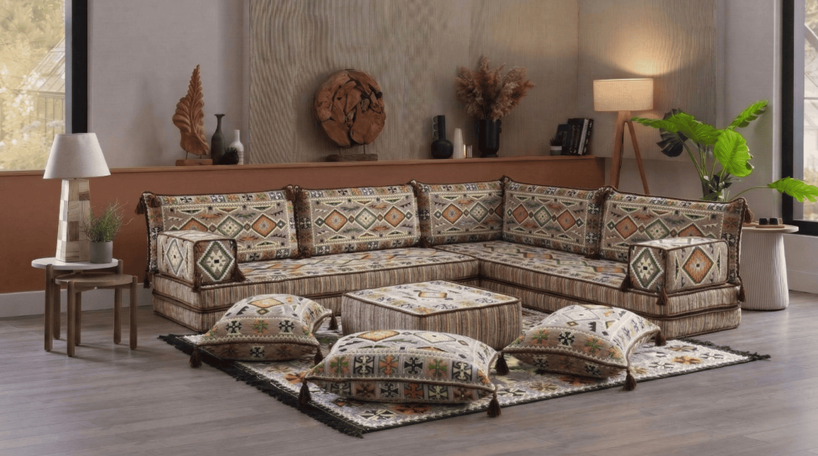 Arabic Floor Sofa Set – Light Brown L Shaped Majlis Sectional with 8 Inch Cushions