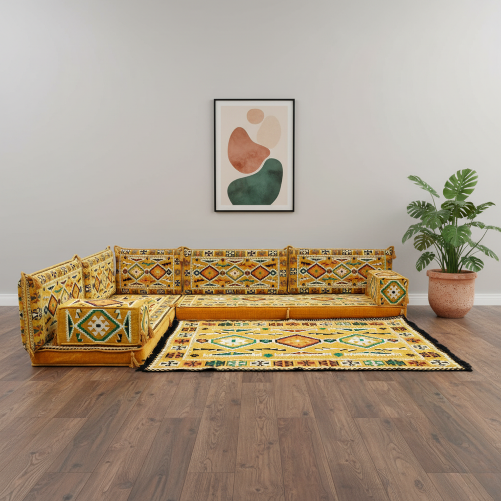 Arabic Floor Sofa Set – Yellow L Shaped Majlis Sectional with 4 Inch Cushions