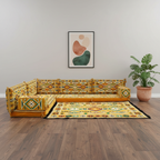 Arabic Floor Sofa Set – Yellow L Shaped Majlis Sectional with 4 Inch Cushions