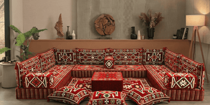 Arabic Floor Sofa Set – Red U Shaped Majlis Sectional with 8 Inch Cushions