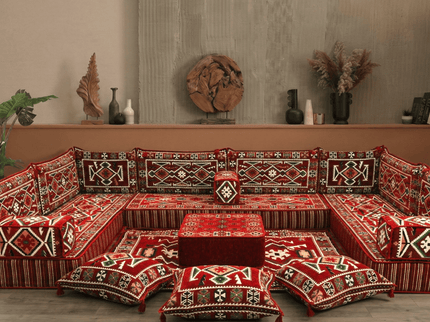 Cappadocia Kilim U-shaped Arabic majlis floor sofa in Red, 8-inch cushions - photo 2