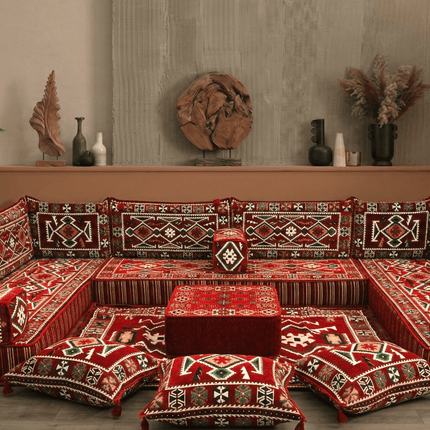 Arabic Floor Sofa Set – Red U Shaped Majlis Sectional with 8 Inch Cushions