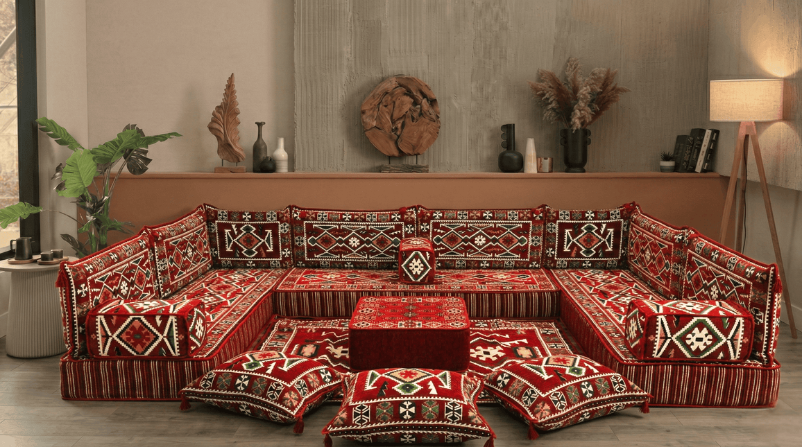 Arabic Floor Sofa Set – Red U Shaped Majlis Sectional with 8 Inch Cushions