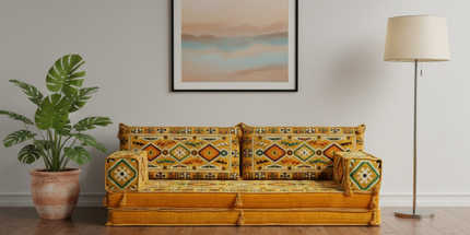Arabic Loveseat Sofa – Yellow Loveseat with 4 and 8 Inch Cushion Options