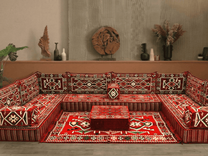 Cappadocia Kilim U-shaped Arabic majlis floor sofa in Red, 8-inch cushions - photo 4