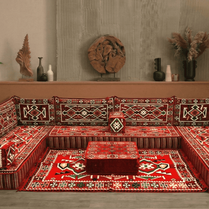 Arabic Floor Sofa Set – Red U Shaped Majlis Sectional with 8 Inch Cushions