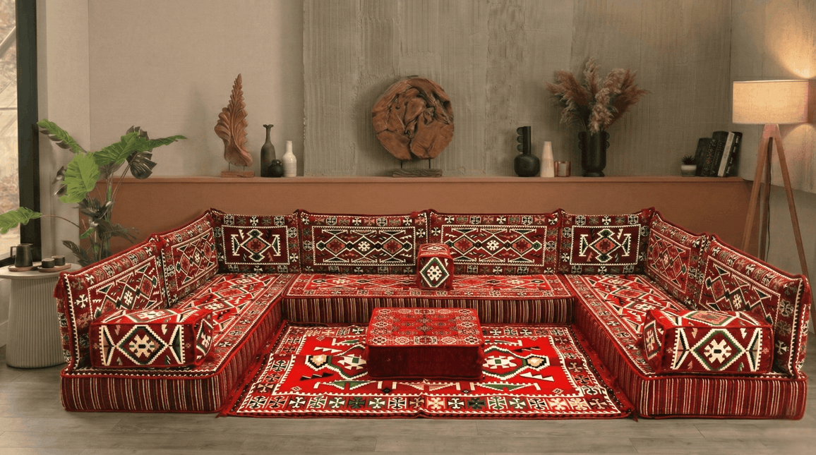 Arabic Floor Sofa Set – Red U Shaped Majlis Sectional with 8 Inch Cushions