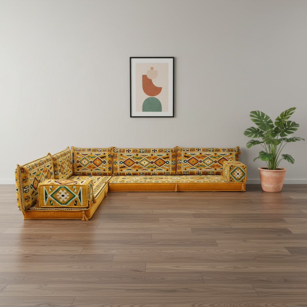 Arabic Floor Sofa Set – Yellow L Shaped Majlis Sectional with 4 Inch Cushions