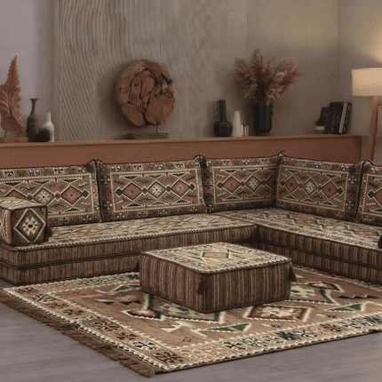 Arabic Floor Sofa Set – Light Brown L Shaped Majlis Sectional with 8 Inch Cushions