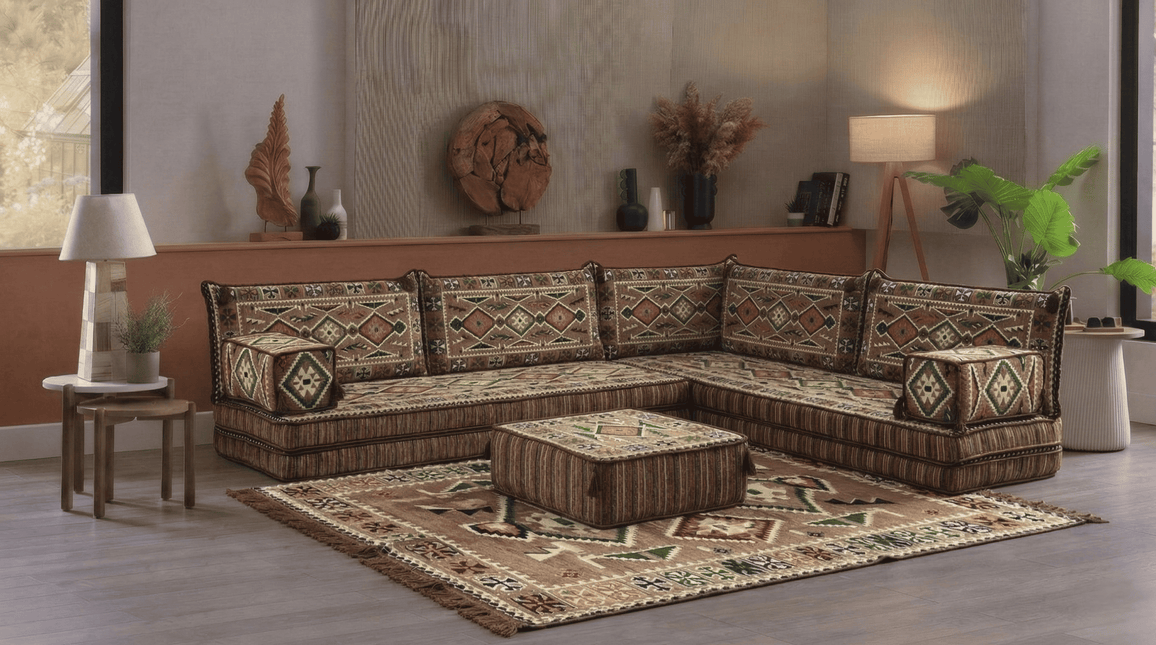 Arabic Floor Sofa Set – Light Brown L Shaped Majlis Sectional with 8 Inch Cushions