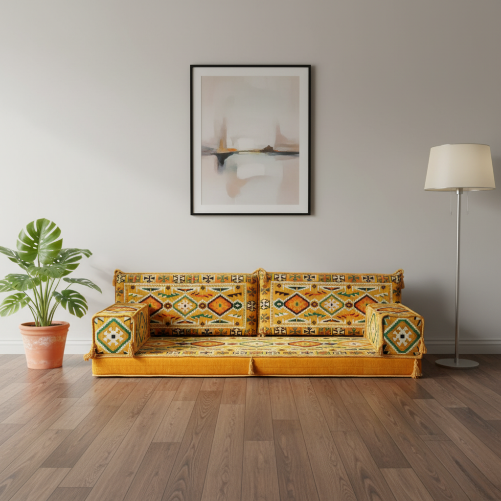 Arabic Loveseat Sofa – Yellow Loveseat with 4 and 8 Inch Cushion Options