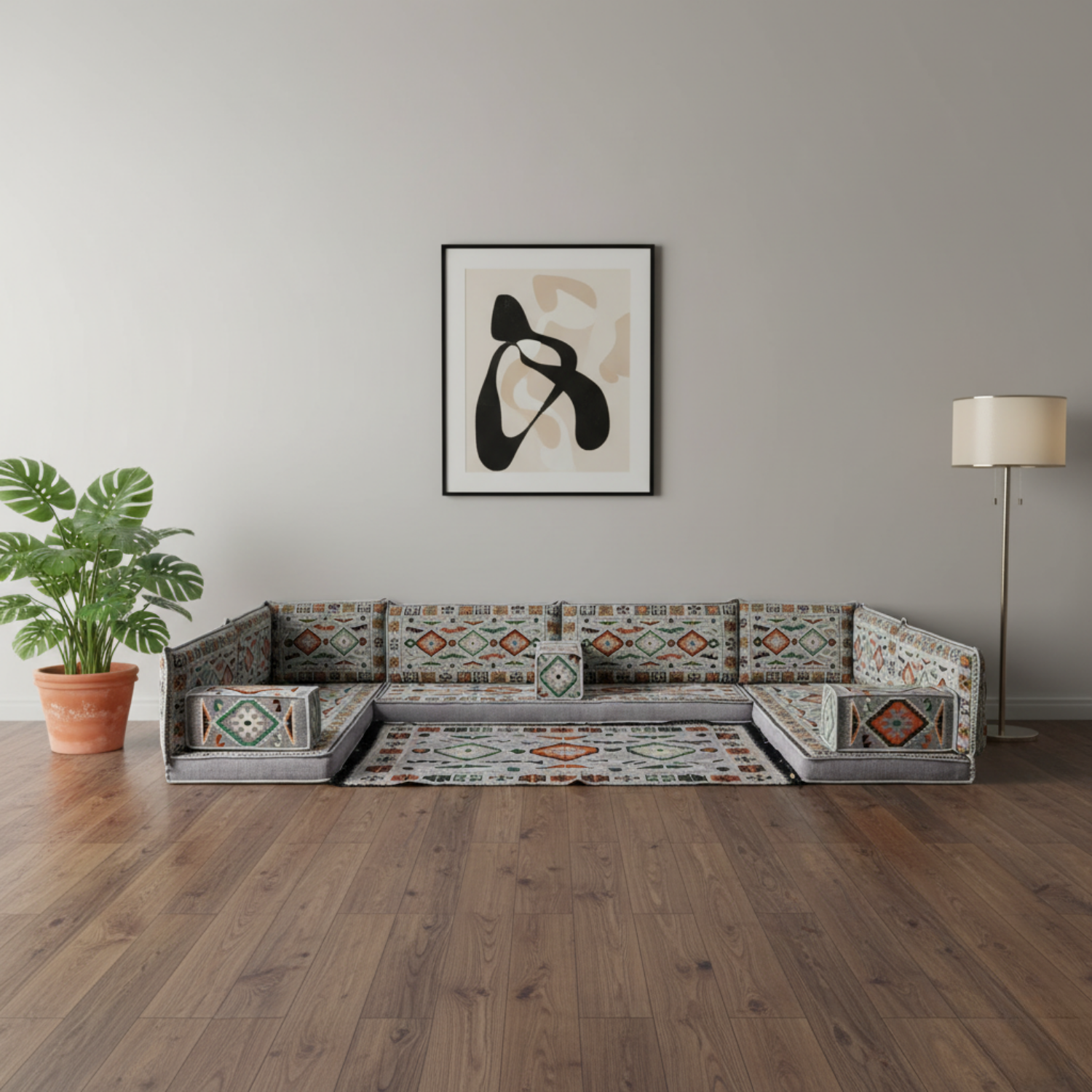 Arabic Floor Sofa Set – Gray U Shaped Majlis Sectional with 4 Inch Cushions