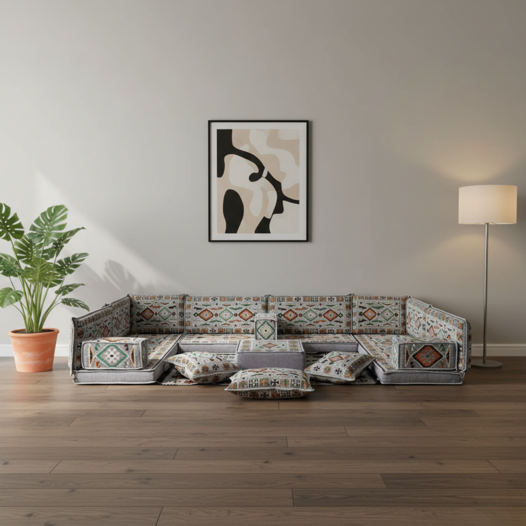Arabic Floor Sofa Set – Gray U Shaped Majlis Sectional with 4 Inch Cushions