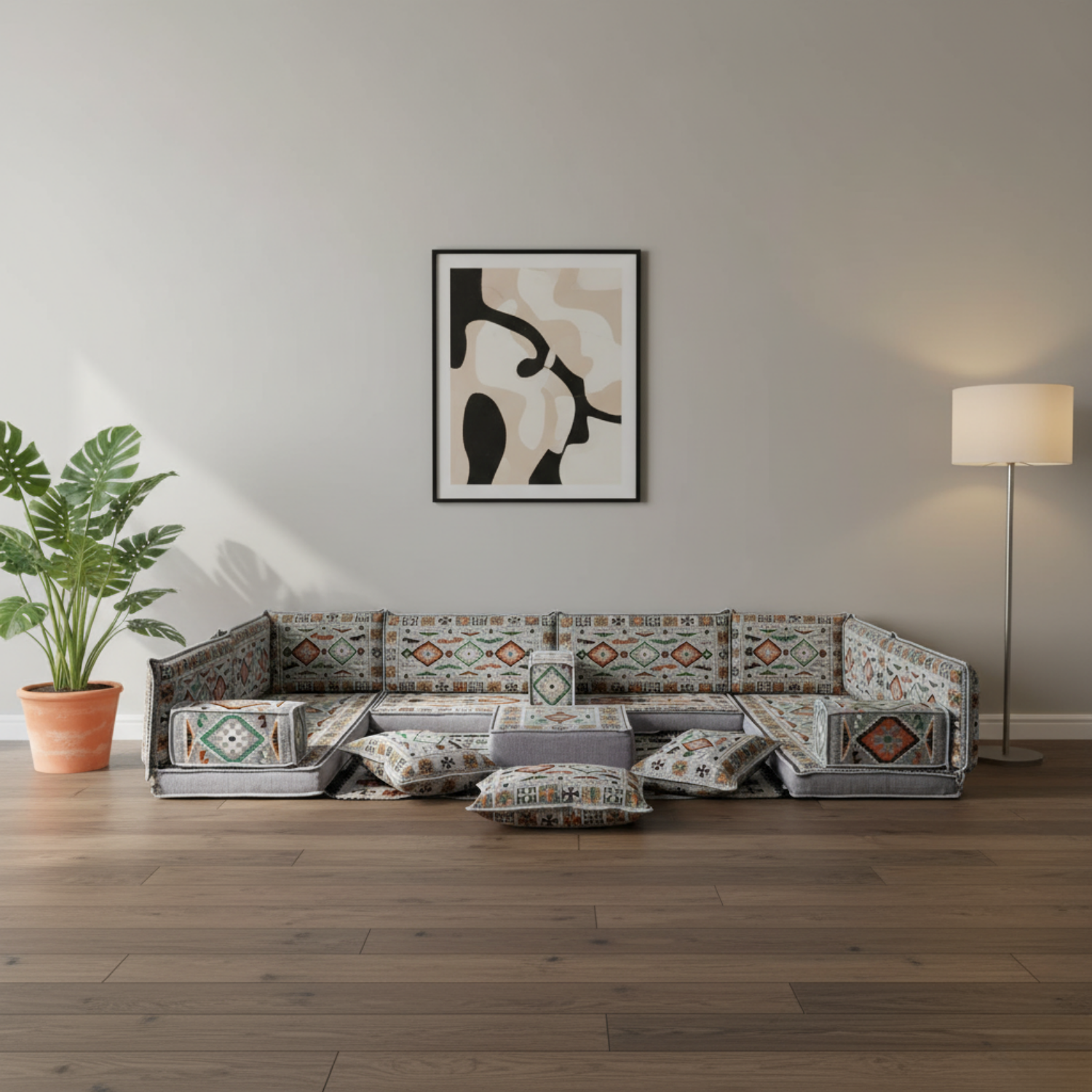 Arabic Floor Sofa Set – Gray U Shaped Majlis Sectional with 4 Inch Cushions