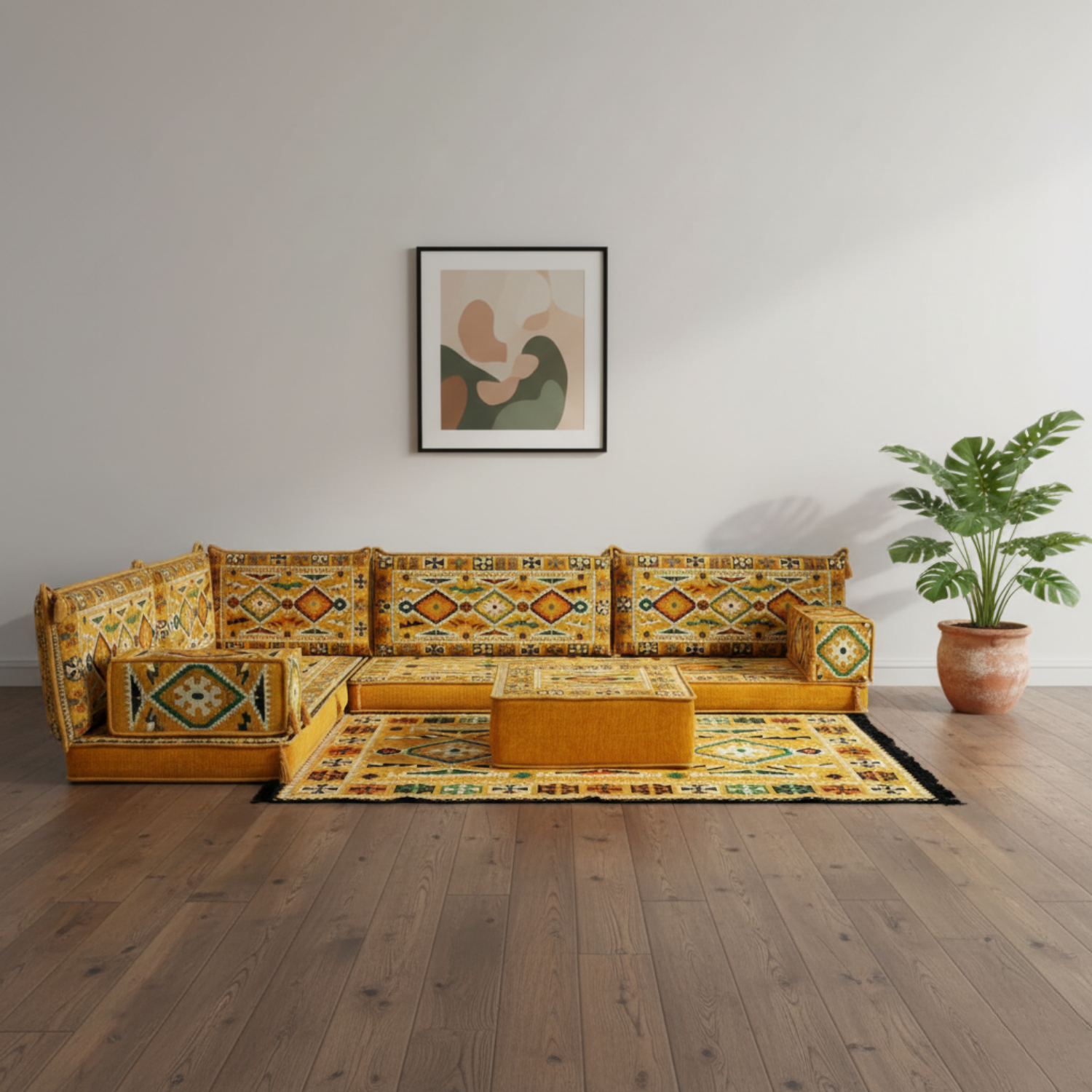 Arabic Floor Sofa Set – Yellow L Shaped Majlis Sectional with 4 Inch Cushions