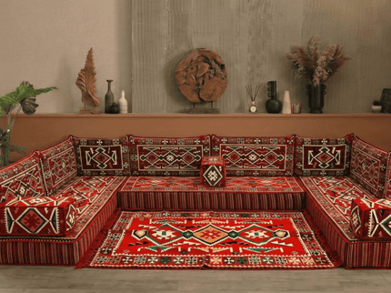 Cappadocia Kilim U-shaped Arabic majlis floor sofa in Red, 8-inch cushions - photo 5