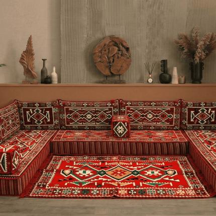 Arabic Floor Sofa Set – Red U Shaped Majlis Sectional with 8 Inch Cushions