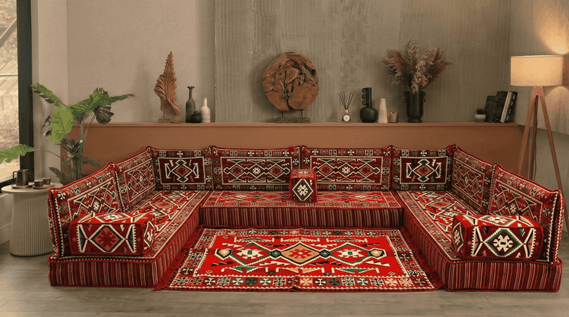 Arabic Floor Sofa Set – Red U Shaped Majlis Sectional with 8 Inch Cushions
