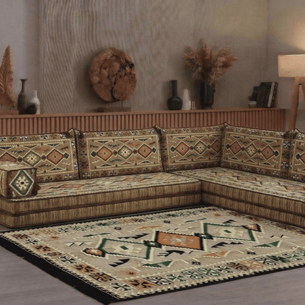 Arabic Floor Sofa Set – Light Brown L Shaped Majlis Sectional with 8 Inch Cushions