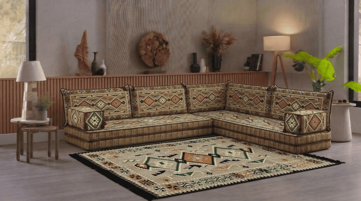 Arabic Floor Sofa Set – Light Brown L Shaped Majlis Sectional with 8 Inch Cushions