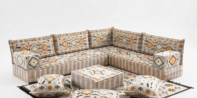 Arabic Floor Sofa Set – Gray L Shaped Majlis Sectional with 8 Inch Cushions