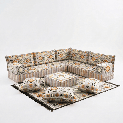 Arabic Floor Sofa Set – Gray L Shaped Majlis Sectional with 8 Inch Cushions