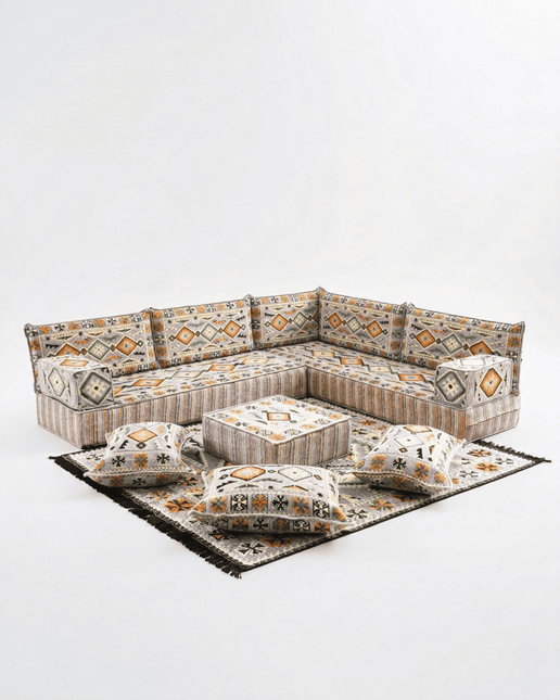 Arabic Floor Sofa Set – Gray L Shaped Majlis Sectional with 8 Inch Cushions