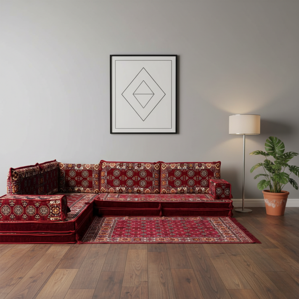 Arabic Floor Sofa Set – Maroon L Shaped Majlis Sectional with 8 Inch Cushions