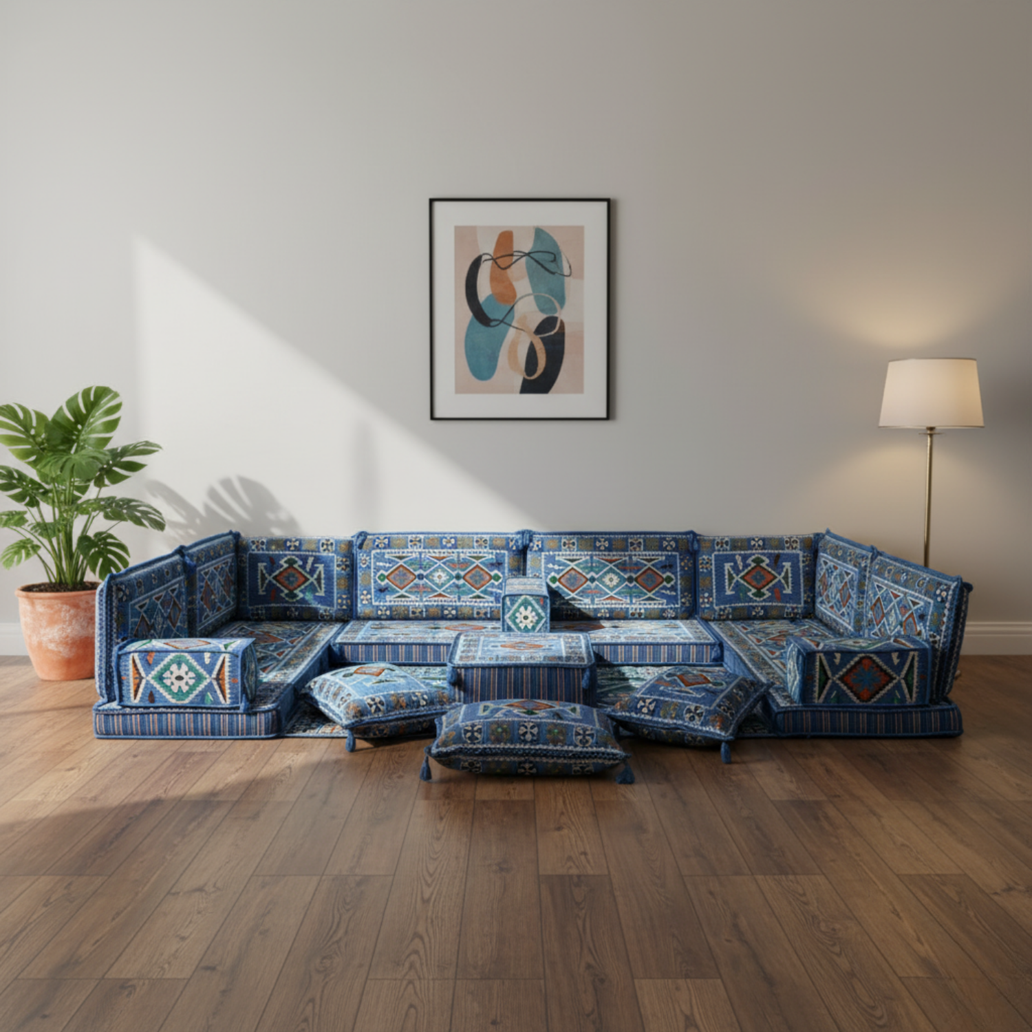 Arabic Floor Sofa Set – Navy Blue U Shaped Majlis Sectional with 4 Inch Cushions