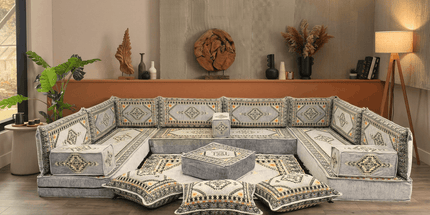 Arabic Floor Sofa Set – Gray U Shaped Majlis Sectional with 8 Inch Cushions