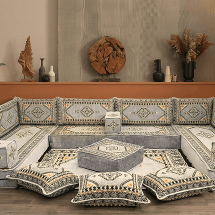 Arabic Floor Sofa Set – Gray U Shaped Majlis Sectional with 8 Inch Cushions