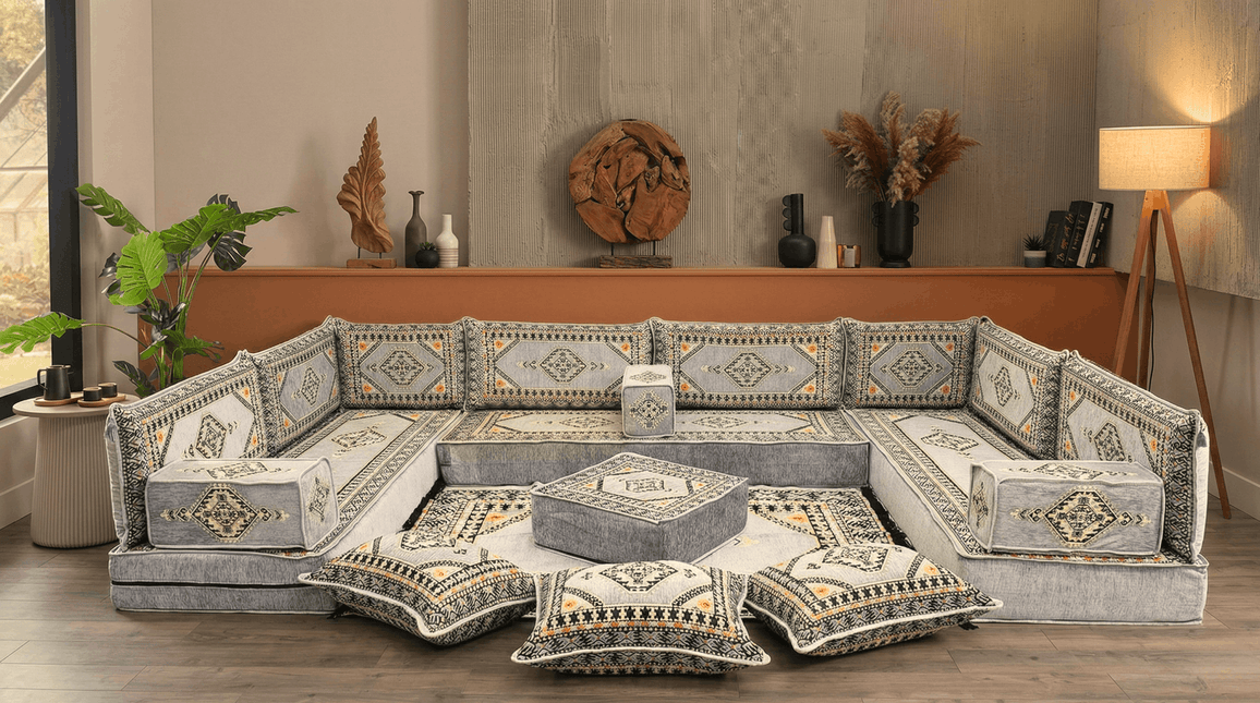 Arabic Floor Sofa Set – Gray U Shaped Majlis Sectional with 8 Inch Cushions