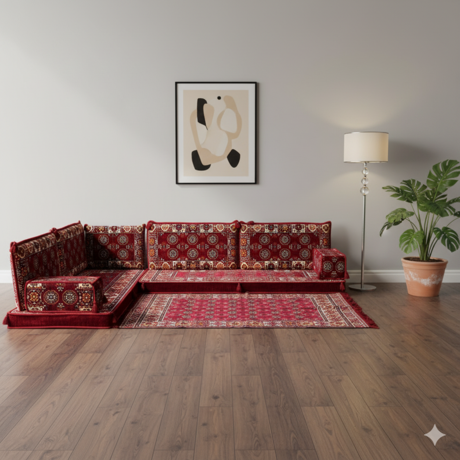 Arabic Floor Sofa Set – Maroon L Shaped Majlis Sectional with 4 Inch Cushions