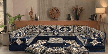 Arabic Floor Sofa Set – Dark Navy U Shaped Majlis Sectional with 8 Inch Cushions