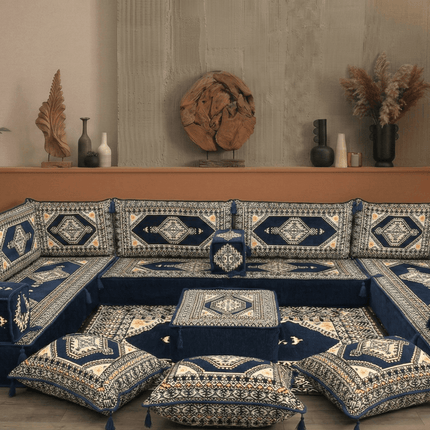 Arabic Floor Sofa Set – Dark Navy U Shaped Majlis Sectional with 8 Inch Cushions