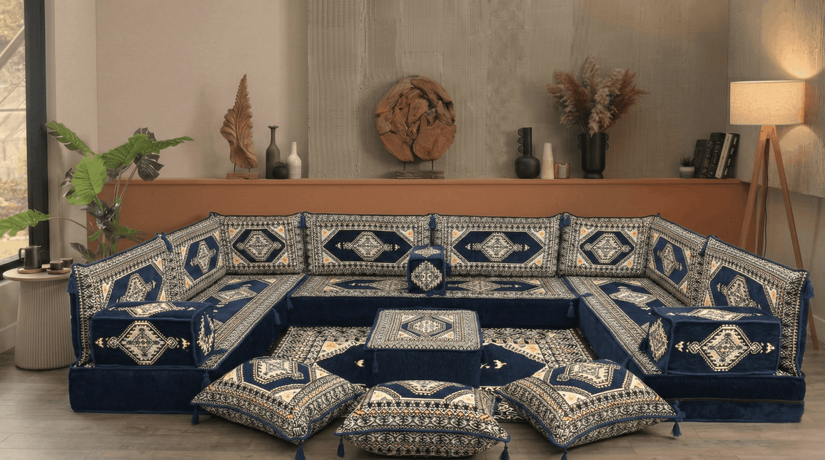 Arabic Floor Sofa Set – Dark Navy U Shaped Majlis Sectional with 8 Inch Cushions