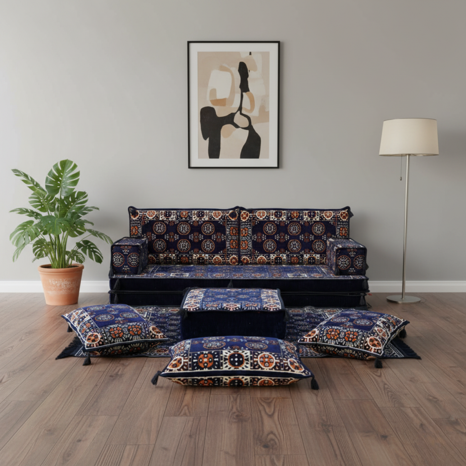 Arabic Loveseat Sofa Set – Navy Loveseat Set with 4 and 8 Inch Cushion Options