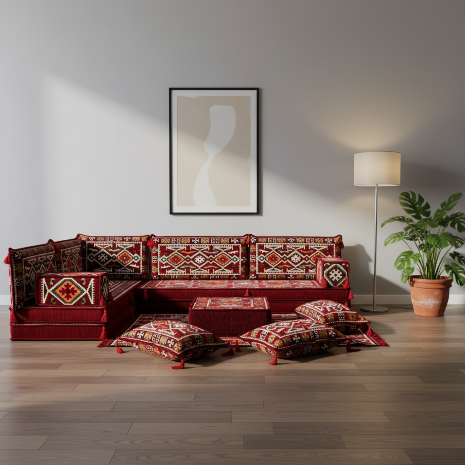 Arabic Floor Sofa Set – Maroon L Shaped Majlis Sectional with 8 Inch Cushions