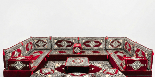Arabic Floor Sofa Set – Maroon U Shaped Majlis Sectional with 8 Inch Cushions