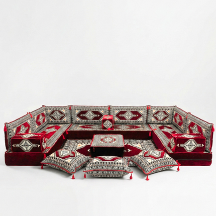 Arabic Floor Sofa Set – Maroon U Shaped Majlis Sectional with 8 Inch Cushions