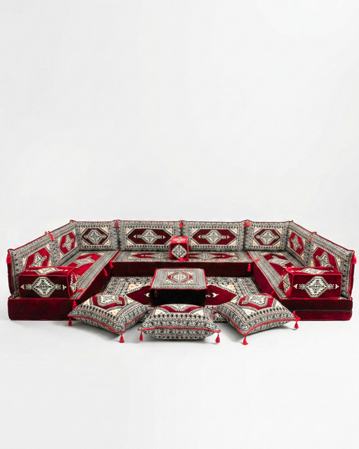 Arabic Floor Sofa Set – Maroon U Shaped Majlis Sectional with 8 Inch Cushions