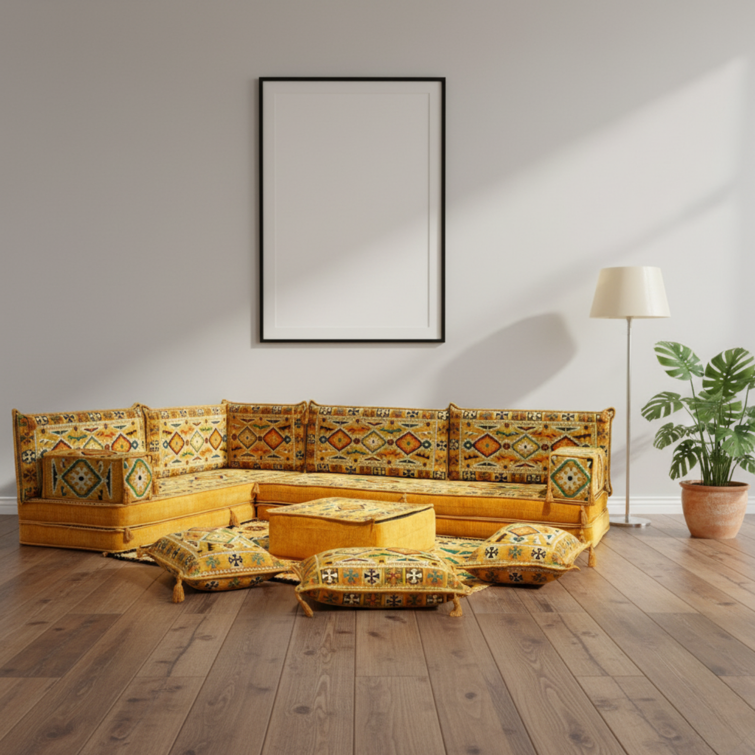 Arabic Floor Sofa Set – Yellow L Shaped Majlis Sectional with 8 Inch Cushions