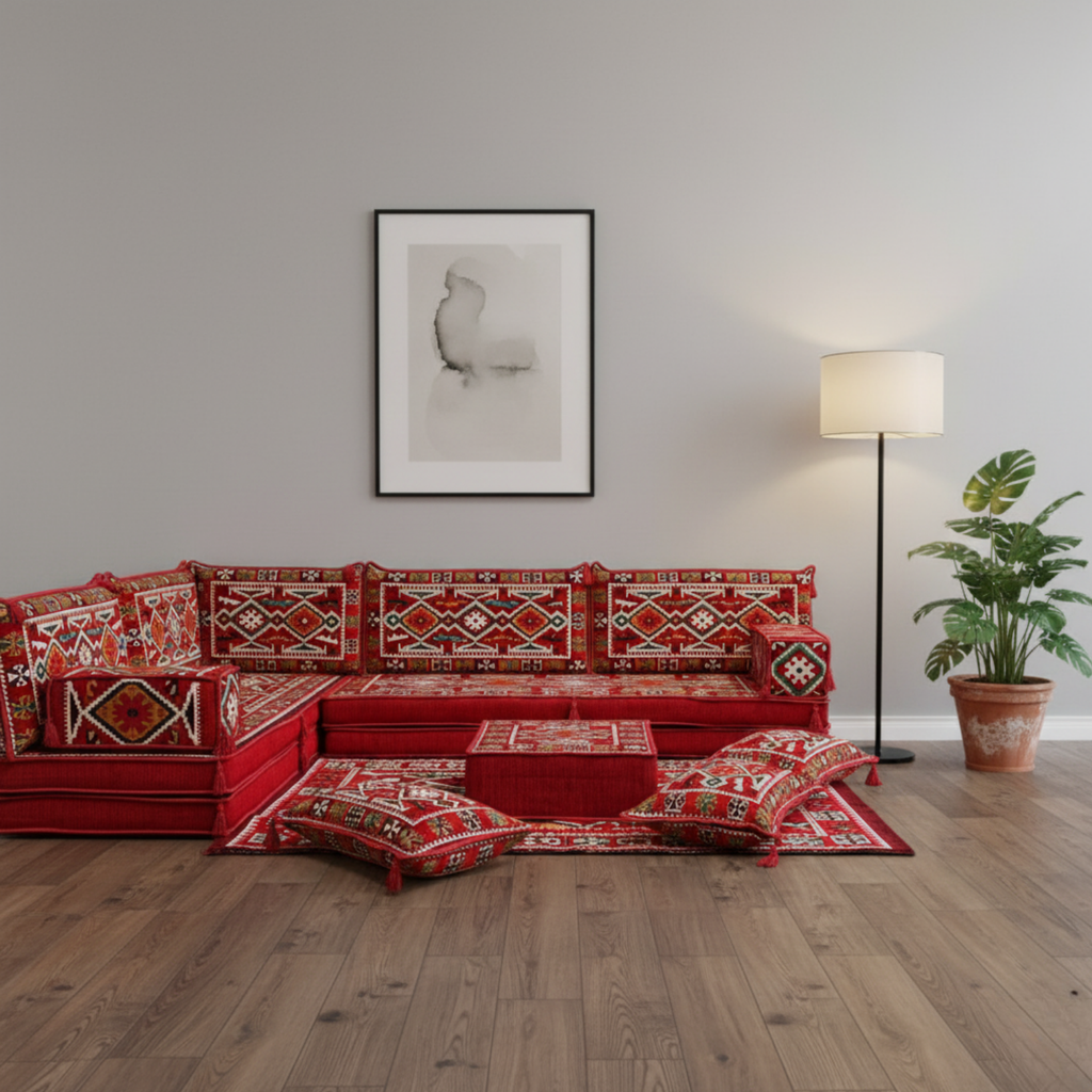 Arabic Floor Sofa Set – Red L Shaped Majlis Sectional with 8 Inch Cushions