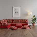 Arabic Floor Sofa Set – Red L Shaped Majlis Sectional with 8 Inch Cushions