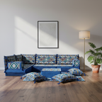 Arabic Floor Sofa Set – Blue L Shaped Majlis Sectional with 8 Inch Cushions