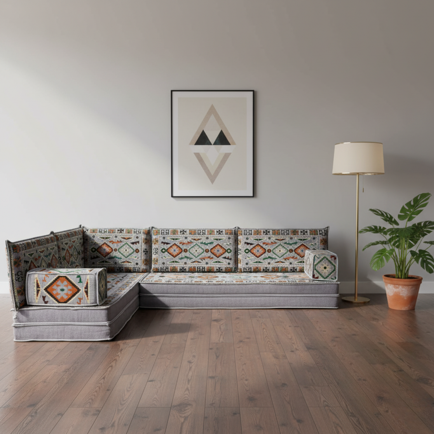 Arabic Floor Sofa Set – Gray L Shaped Majlis Sectional with 8 Inch Cushions