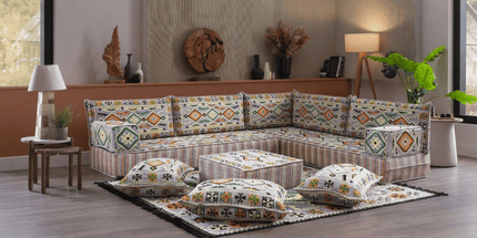 Arabic Floor Sofa Set – Gray L Shaped Majlis Sectional with 8 Inch Cushions