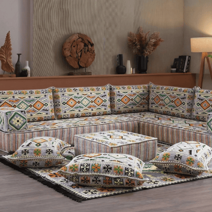 Arabic Floor Sofa Set – Gray L Shaped Majlis Sectional with 8 Inch Cushions