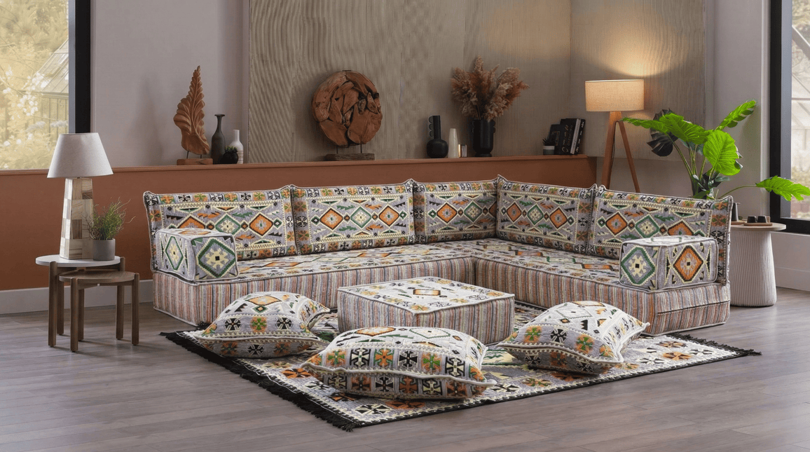 Arabic Floor Sofa Set – Gray L Shaped Majlis Sectional with 8 Inch Cushions